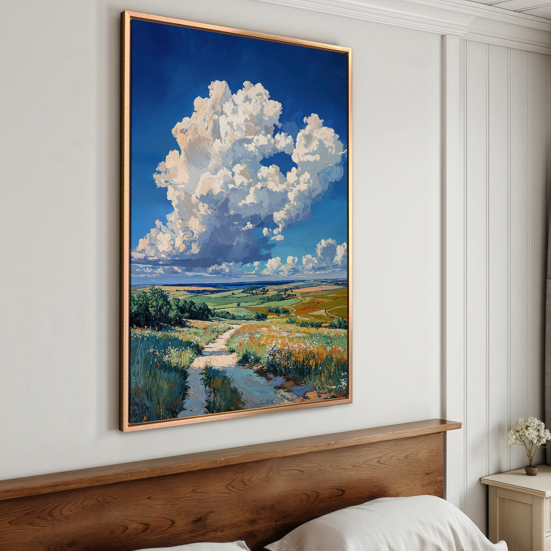 Framed Wall Art: Landscape Canvas Print with vibrant blue sky, fluffy clouds, and a path through a field. Warm, inviting color palette. Perfect for home decor.