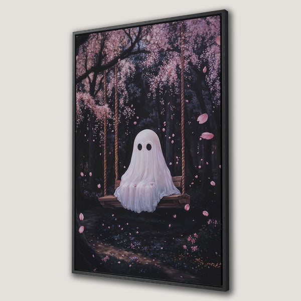 Framed Wall Art featuring a whimsical ghost on a swing in a cherry blossom forest. Soft pink and dark tones create a dreamy, artistic aesthetic. Perfect for home decor.