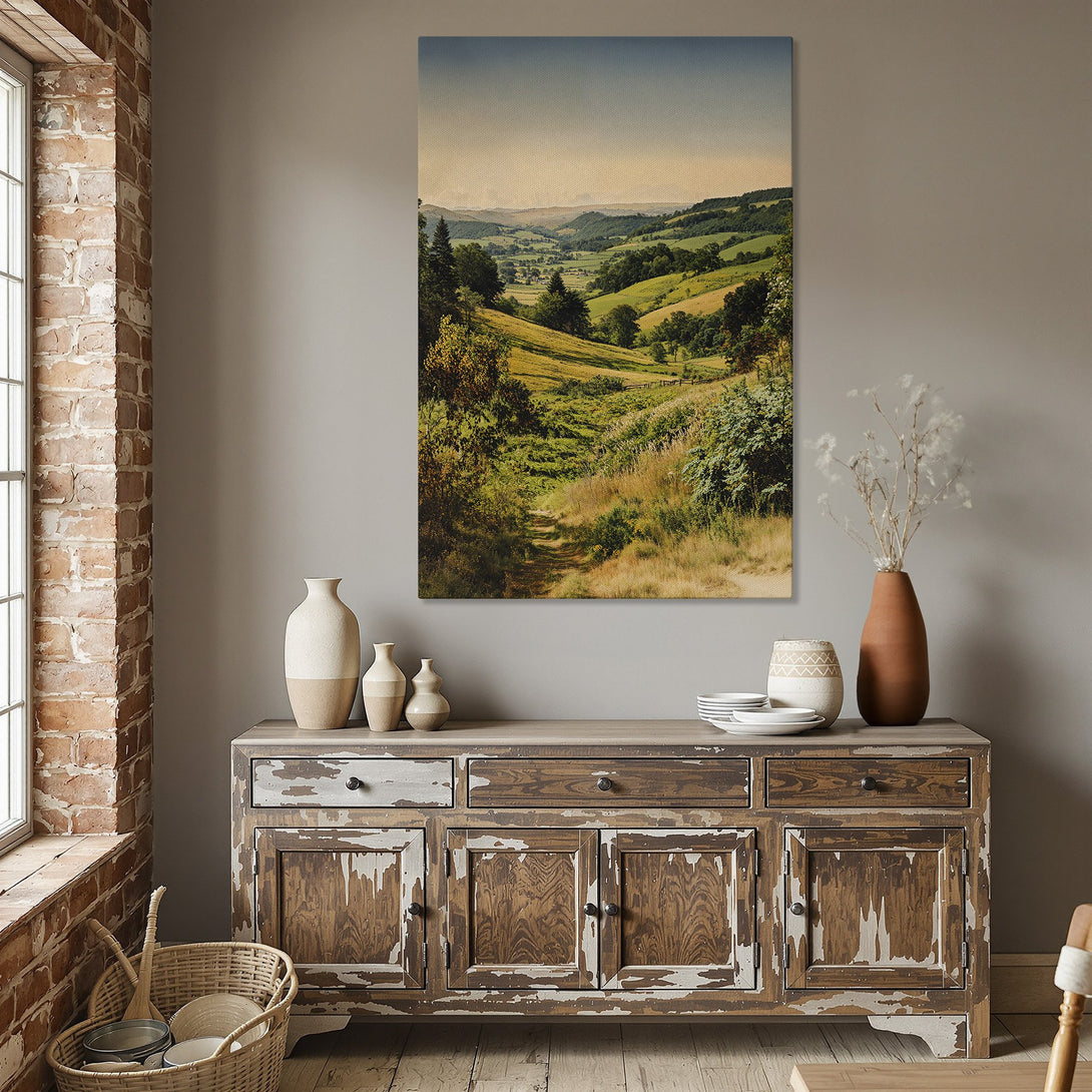 Framed Wall Art: Landscape Canvas Print in warm tones. Rustic style art featuring a scenic valley with green and gold hues, perfect for home decor.