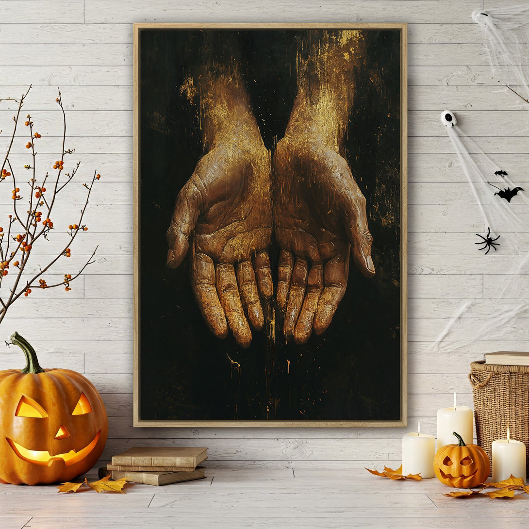 Framed Wall Art featuring an abstract painting of hands in a warm, golden color palette. Perfect for adding a touch of artistry to your space.
