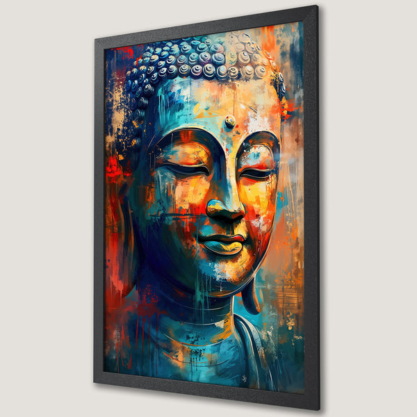 Framed Poster: Abstract Buddha art print in vibrant blue, orange, and teal. Perfect wall decor for meditation and mindfulness.