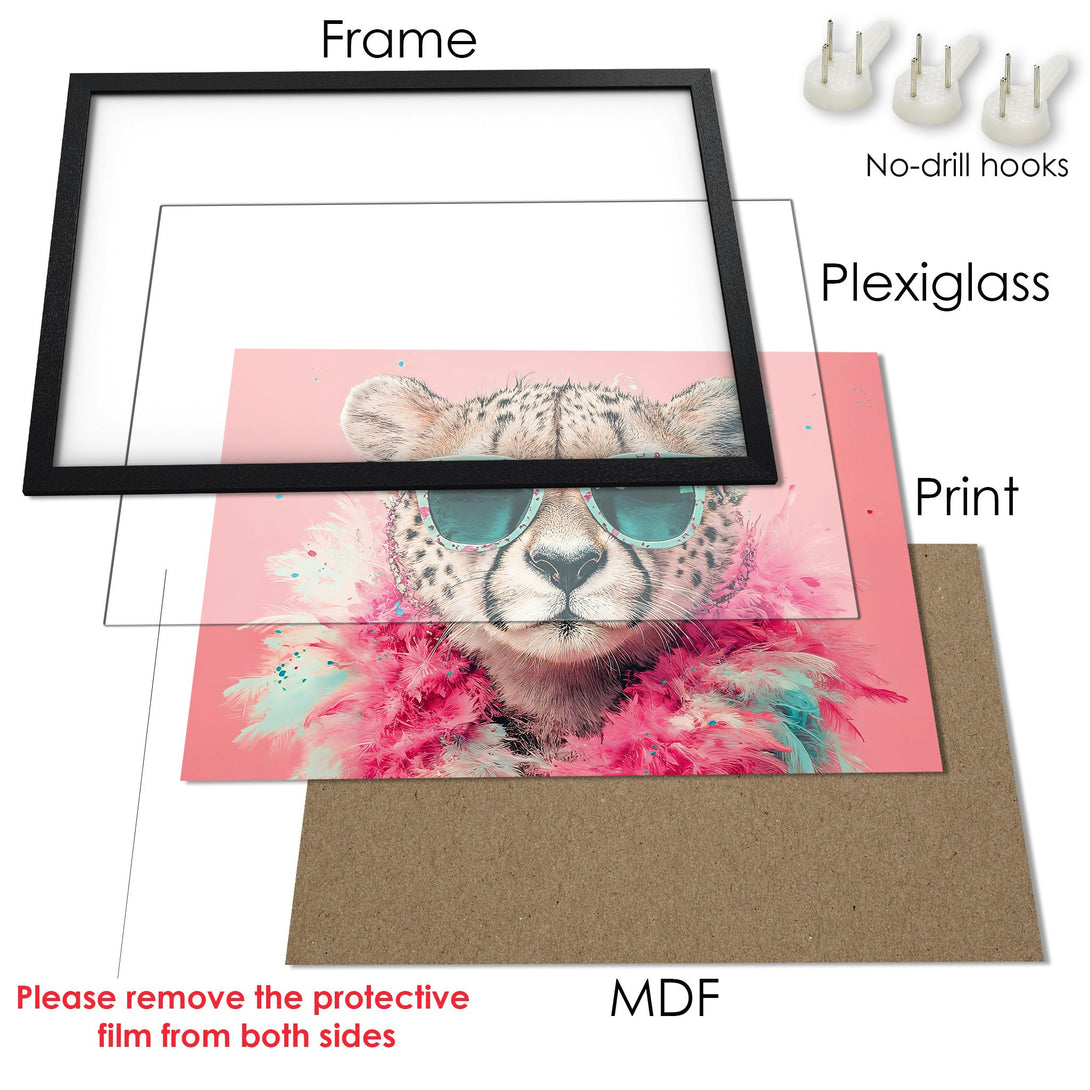 Framed Poster featuring a stylish cheetah with pink and teal accents. Modern art print with a vibrant, pink color palette.