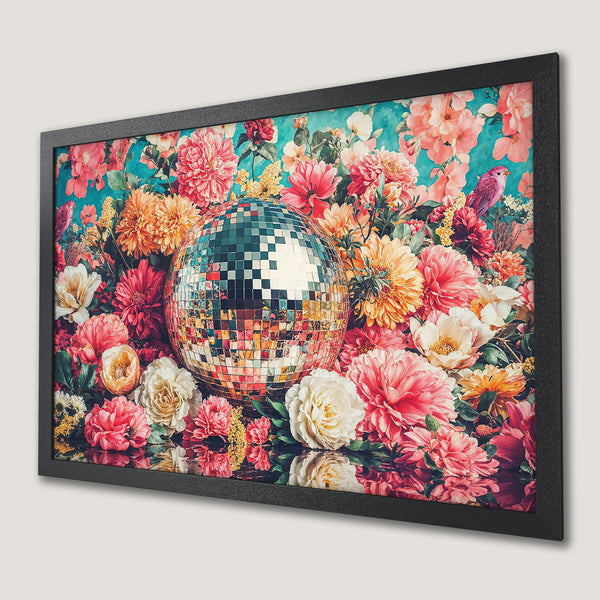 Framed Poster featuring a disco ball surrounded by flowers, vibrant colors and a vintage style, perfect wall art.
