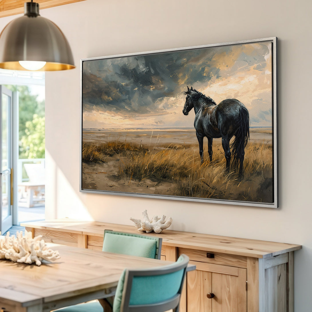 Framed Wall Art featuring a majestic black horse in a moody, impressionistic style. Earthy tones of brown, gold, and gray create a captivating canvas print.