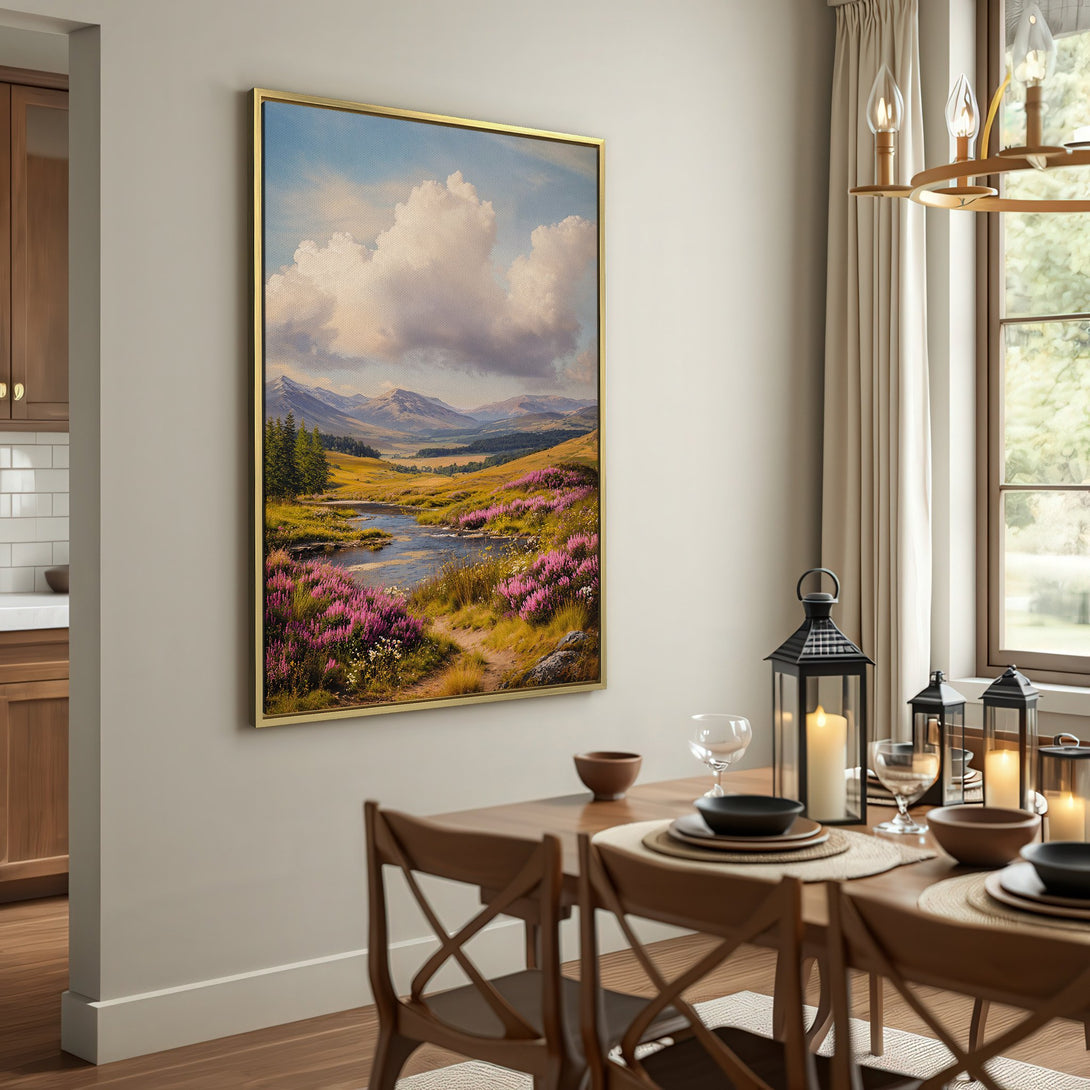 Canvas Print of a serene landscape painting with a river, purple flowers, and mountains, in a warm, earthy color palette.