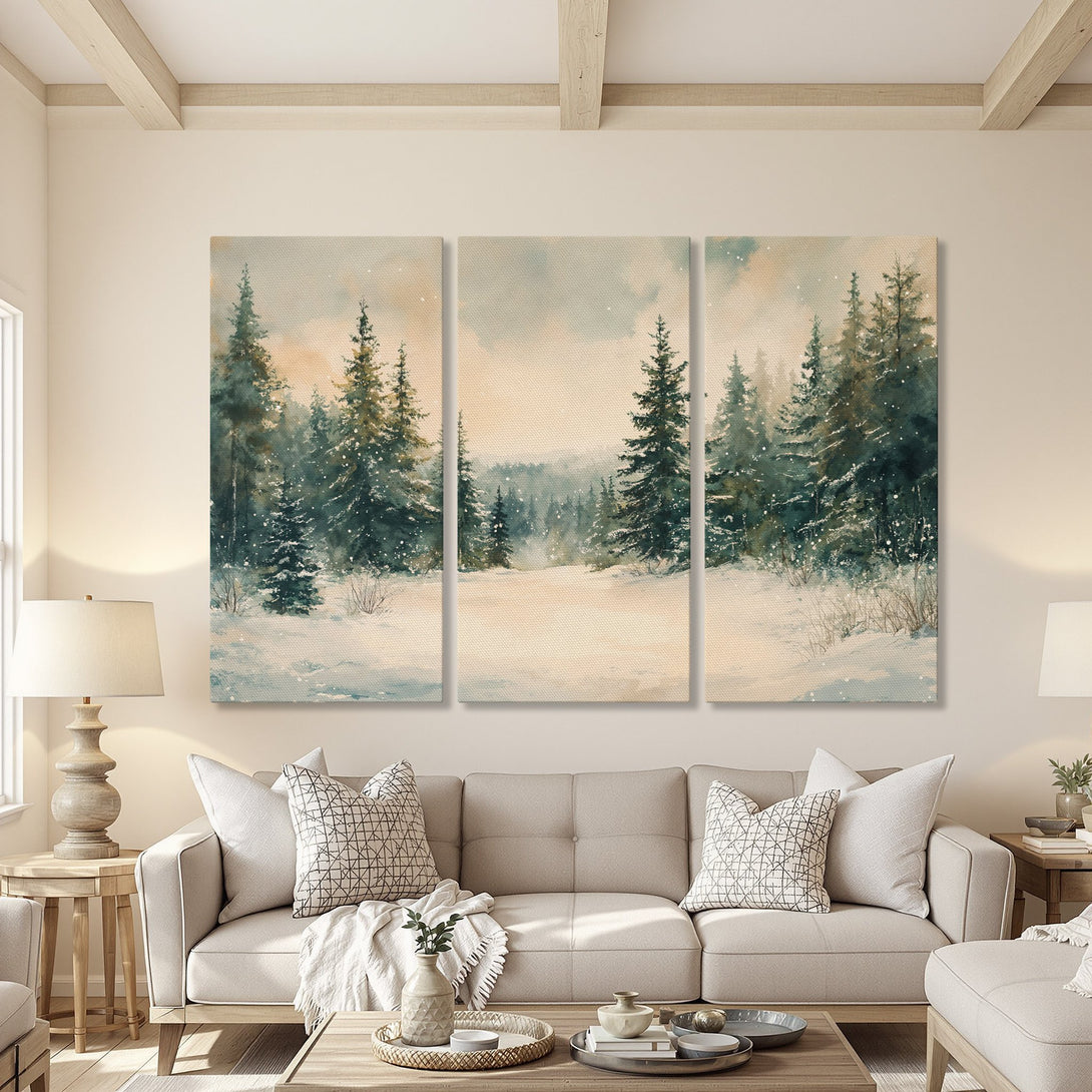 Canvas Print of a winter forest scene in watercolor style. Features a serene landscape with a muted green and beige color palette. Perfect wall art!