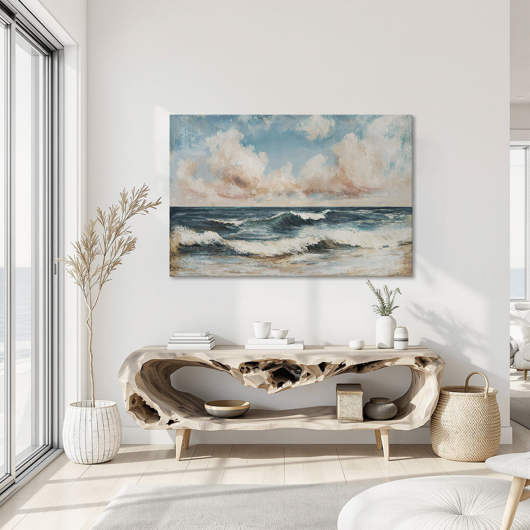 Framed Wall Art Canvas Print of ocean waves in a coastal style, featuring blue, beige, and peach color palette. Perfect for modern home decor.