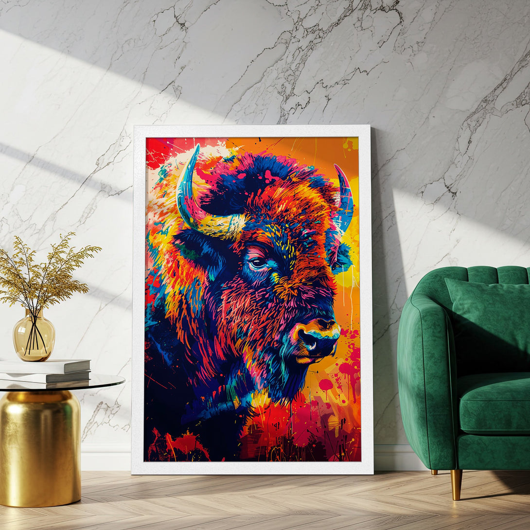 Framed Poster featuring a vibrant, colorful bison art print. Modern style with a bold, expressive color palette of blues, reds, and yellows.