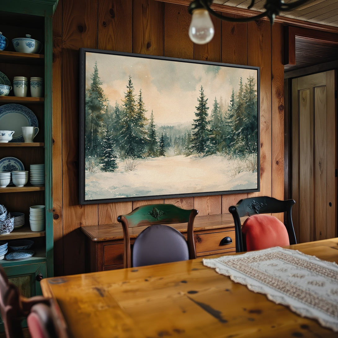 Framed Wall Art: Watercolor winter forest scene in muted greens & beige tones. Perfect for cozy cabin decor. Shop Canvas Prints today!