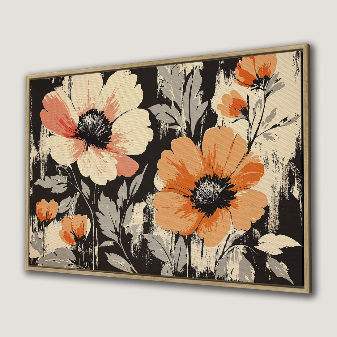 Framed Wall Art featuring large floral design in a vintage style with orange, black, and cream color palette. Canvas Print for your home decor.