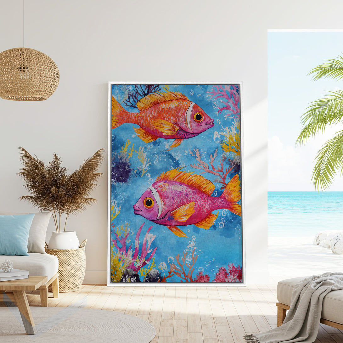 Framed Wall Art: Vibrant fish painting in a coastal interior. Features a colorful palette of blues, oranges, and pinks, perfect for beachy decor. Shop now!