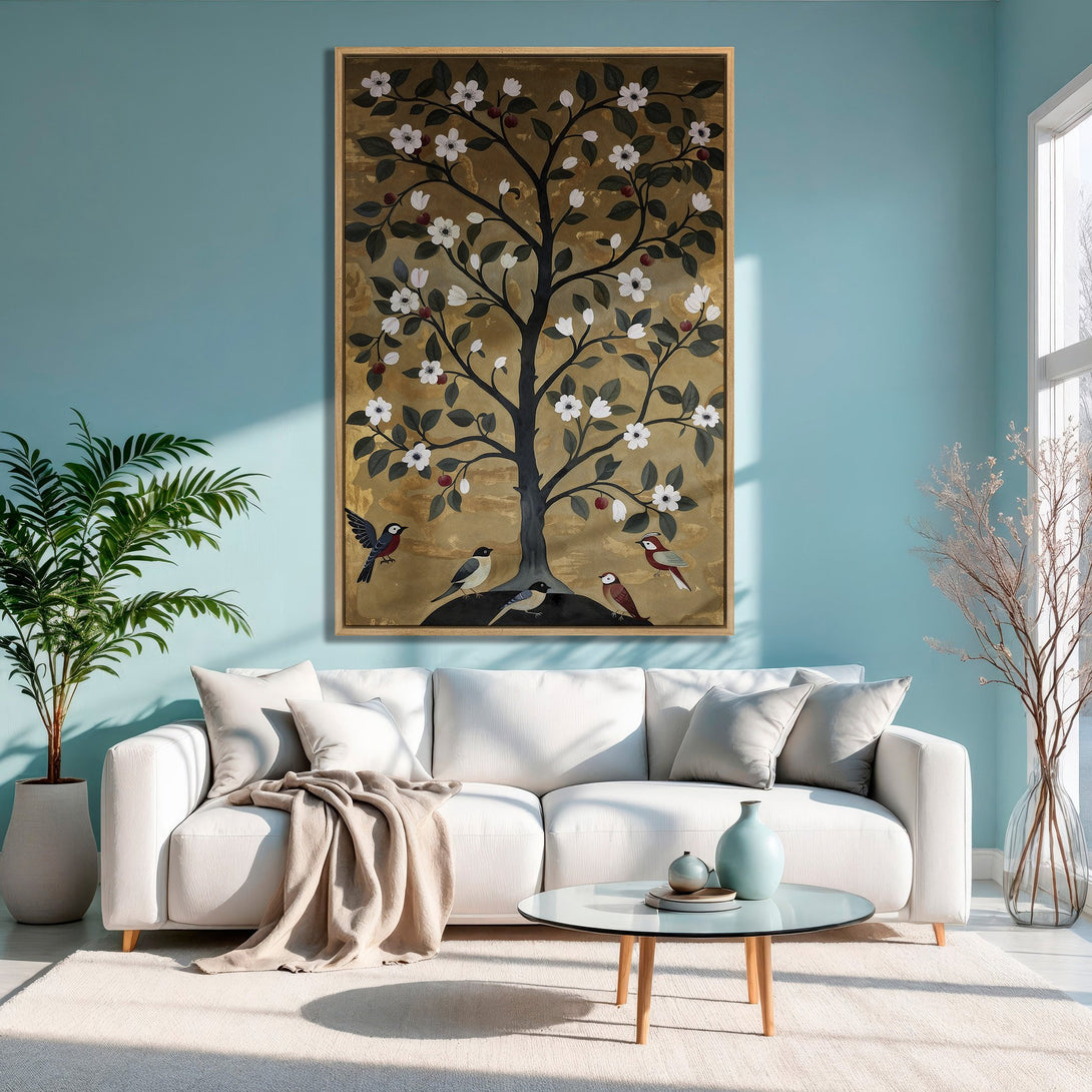 Framed Wall Art: Elegant tree and bird illustration in gold, black, and white. Adds a touch of nature and sophistication to any space. Perfect for living room decor.