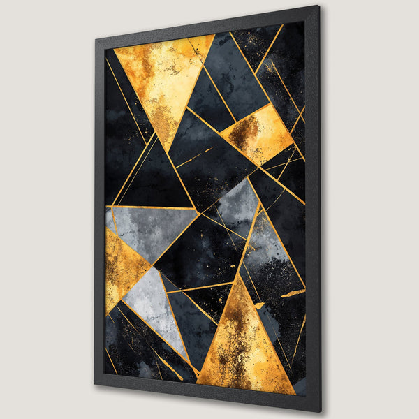 Framed Poster featuring abstract geometric art in black, gold, and gray. Modern wall decor for a stylish home.