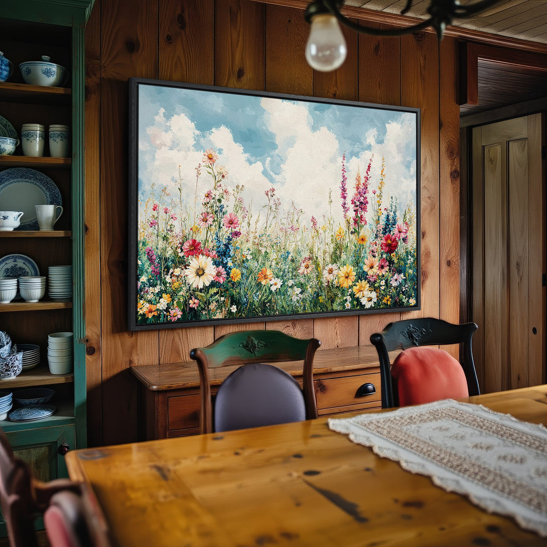 Framed Wall Art: Colorful wildflower field art print in a rustic interior. Vibrant floral canvas print with blue, pink, and yellow hues. Perfect home decor.