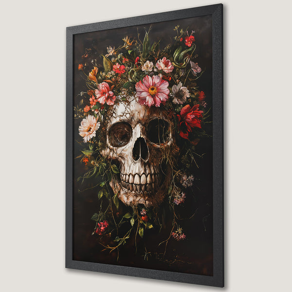 Framed Poster featuring a skull with floral crown, dark and moody style, rich red, pink, and green palette. Perfect gothic decor.