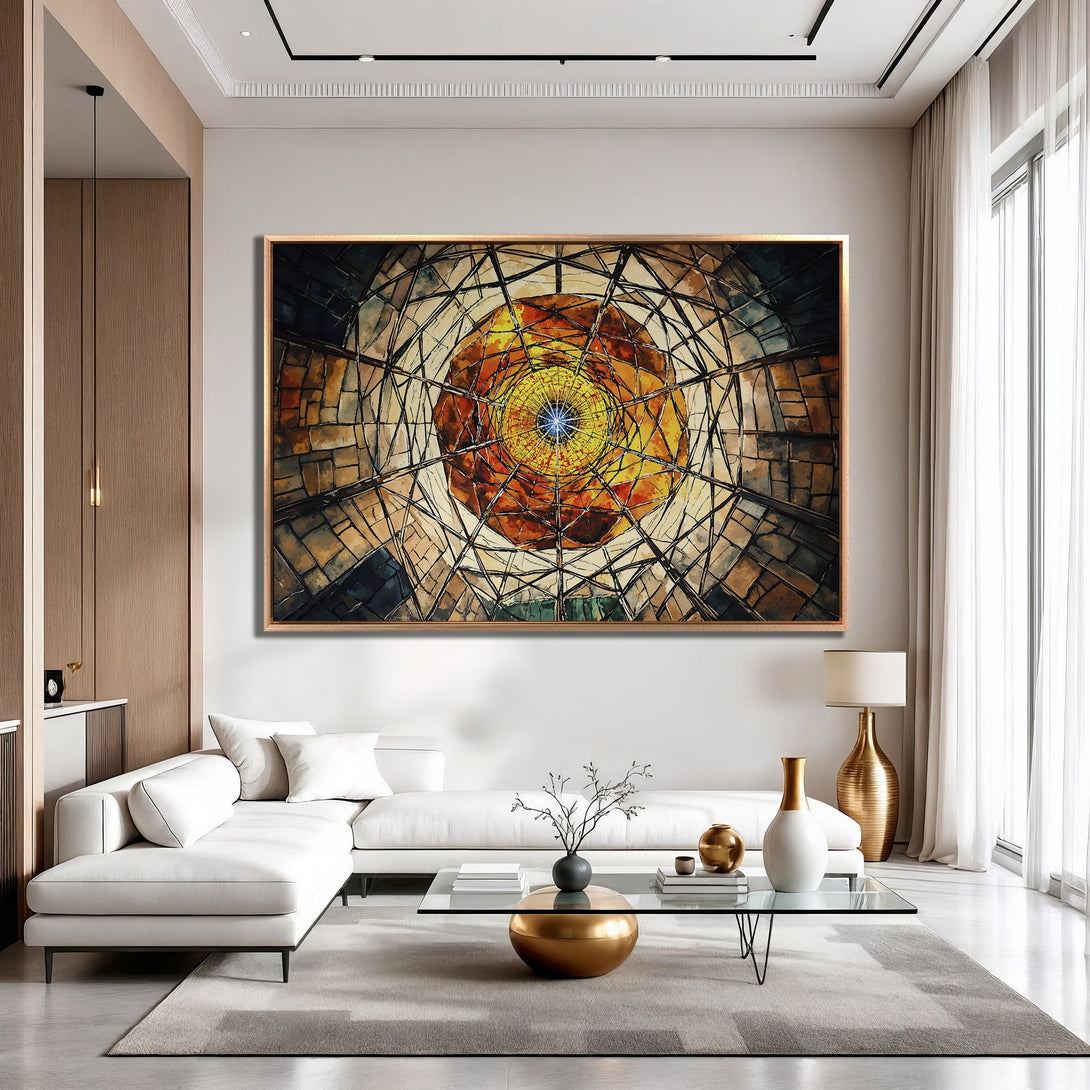 Framed Wall Art of abstract geometric design in warm earth tones. Modern art canvas print adds a touch of elegance to any interior.