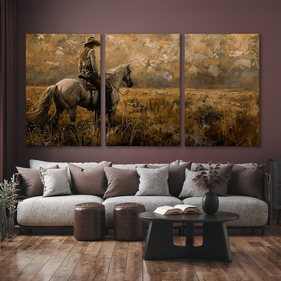 Canvas Print of a cowgirl on horseback in a warm, earthy color palette. Rustic style art perfect for living room decor.