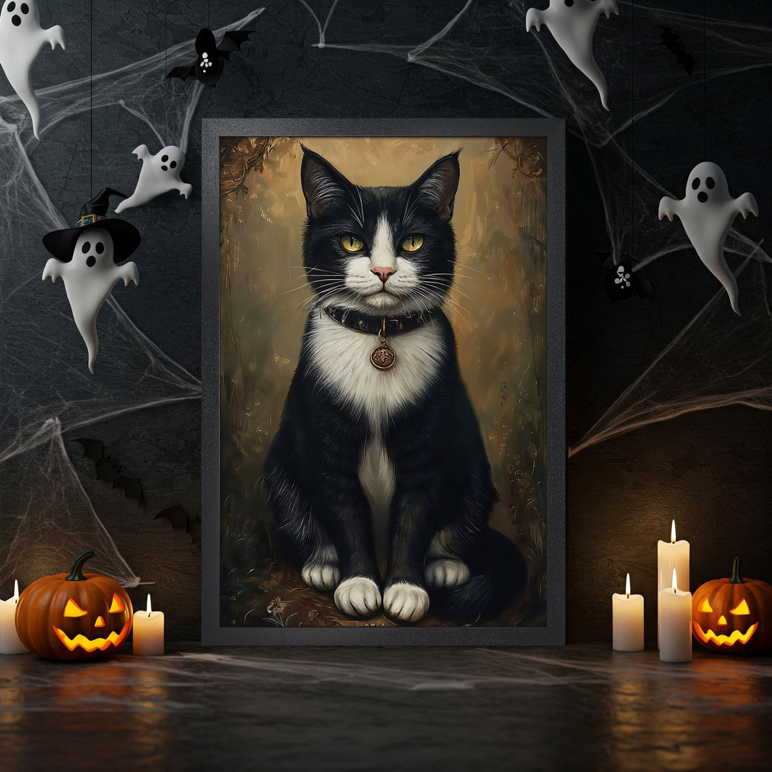 Framed Poster featuring a black and white cat portrait in a Halloween scene. Warm, vintage style with a dark, moody color palette.