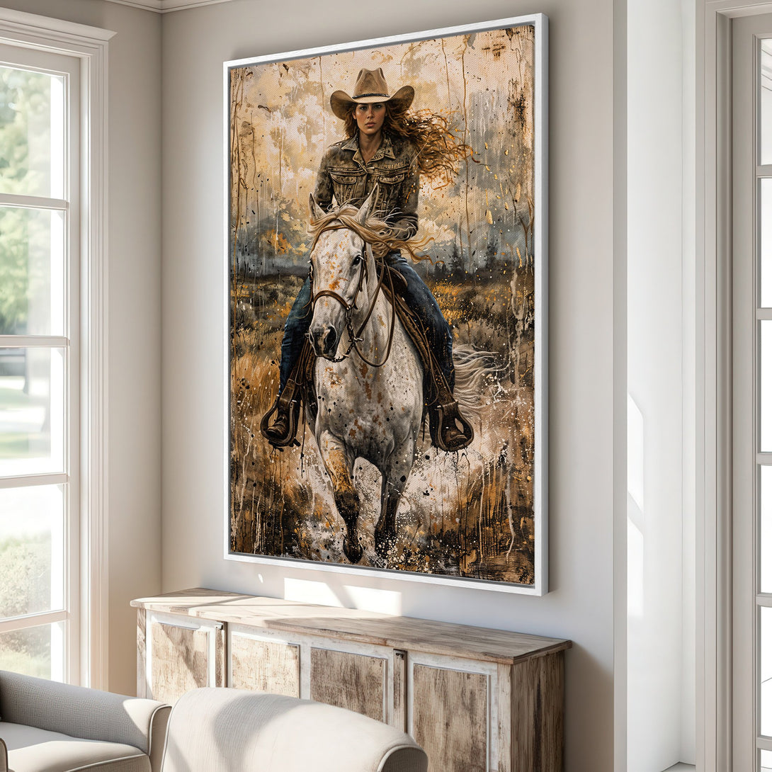 Framed Wall Art: Cowgirl on Horseback. Rustic, abstract style with warm brown and gold tones. Perfect for Western decor and adding personality to your space.