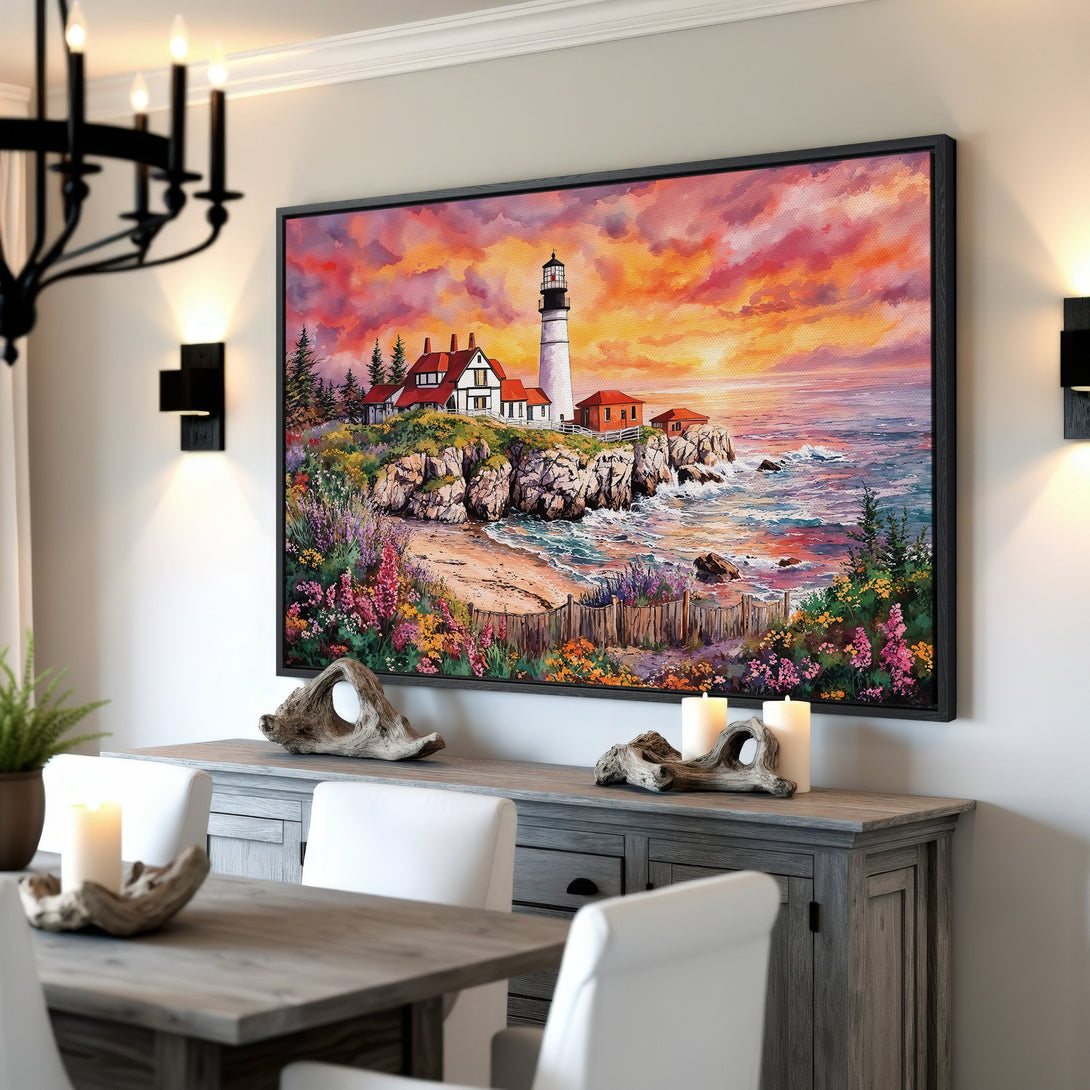 Framed Wall Art: Lighthouse painting with sunset hues of orange, pink, and yellow. Coastal artwork adds warmth and style to any home.