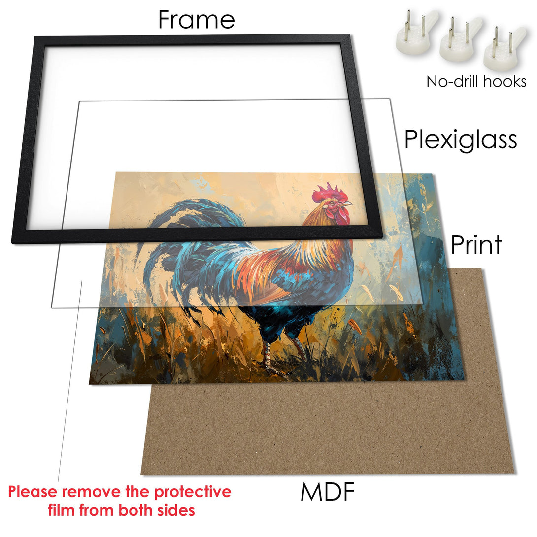 Framed Poster featuring a vibrant rooster art print. Bold, colorful artwork with a warm, earthy palette. Ready to hang!