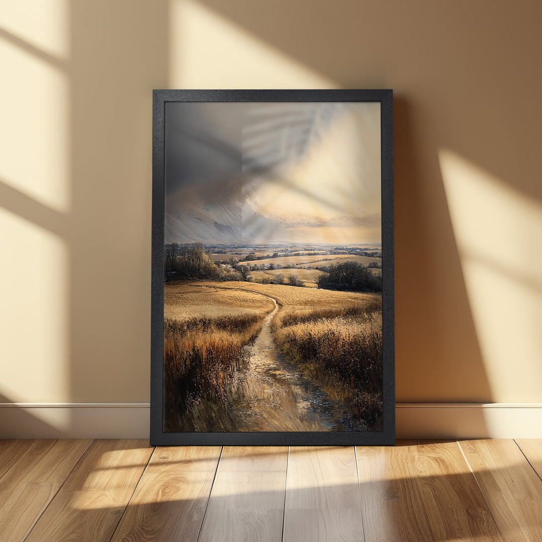 Framed Poster featuring a serene landscape painting in warm earth tones. Enhance your space with this beautiful art print.