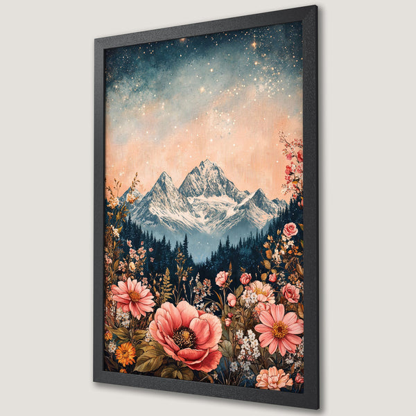 Framed Poster featuring a mountain landscape with flowers, in watercolor style. Soft pink, blue, and green color palette. Perfect wall art!