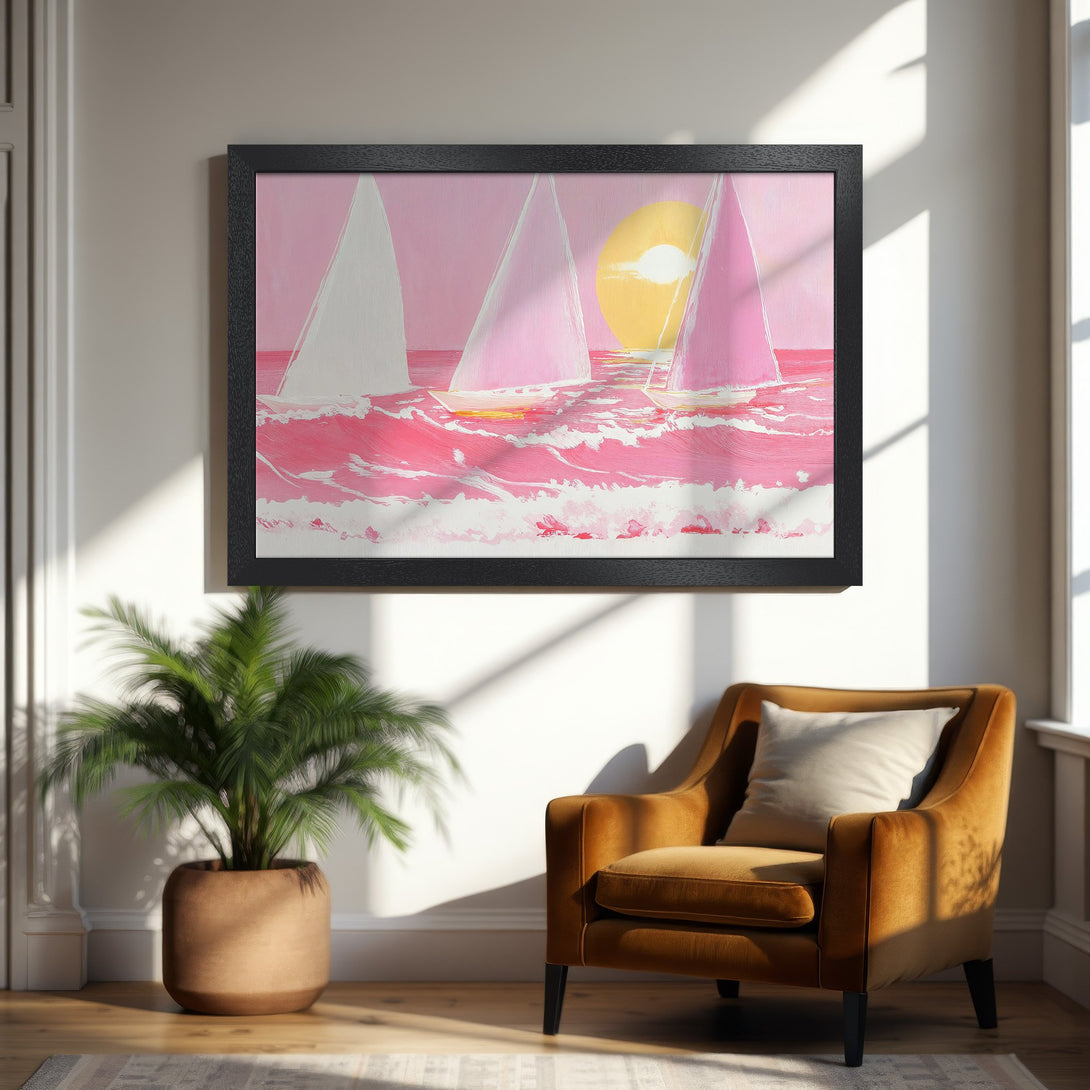 Framed Poster of sailboats at sunset. Pink & yellow color palette, modern art style. Perfect wall decor for a coastal vibe.