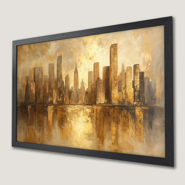 Framed Poster of a golden cityscape painting. Modern art style with warm, earthy tones. Perfect wall decor.