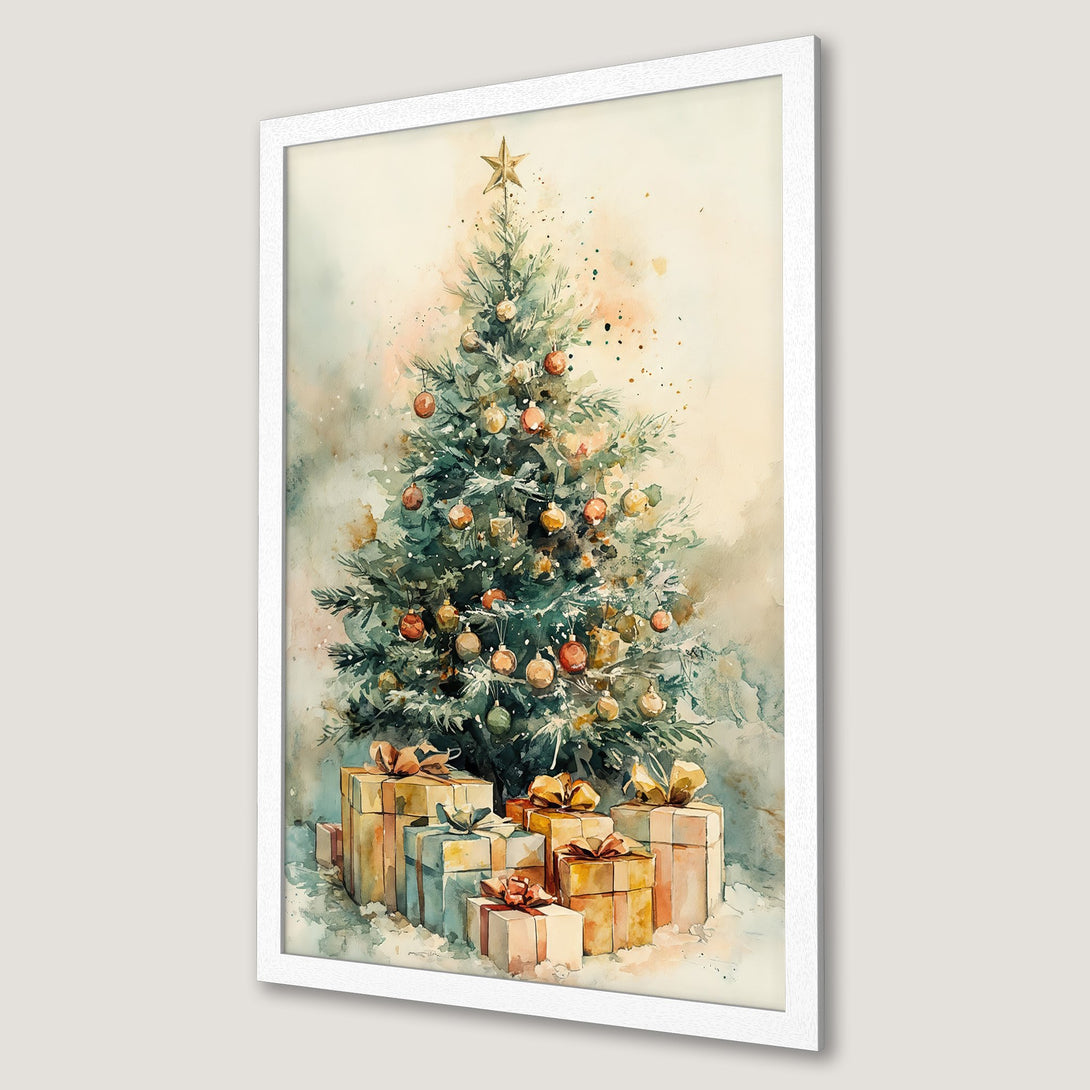 Framed Poster featuring a watercolor Christmas tree with gifts. Soft, warm color palette. Perfect holiday decor.