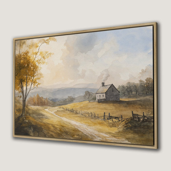 Framed Wall Art: Watercolor landscape of a farmhouse in warm gold and brown tones. Perfect for adding rustic charm to your home.