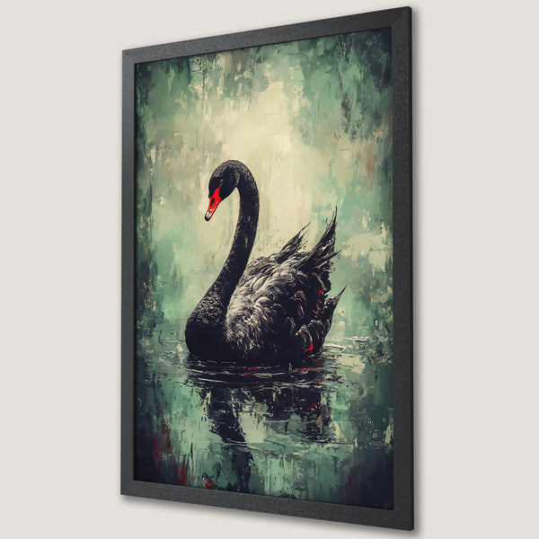 Framed Poster of a black swan in an impressionistic style, with a green and red color palette. Perfect wall art for your home.