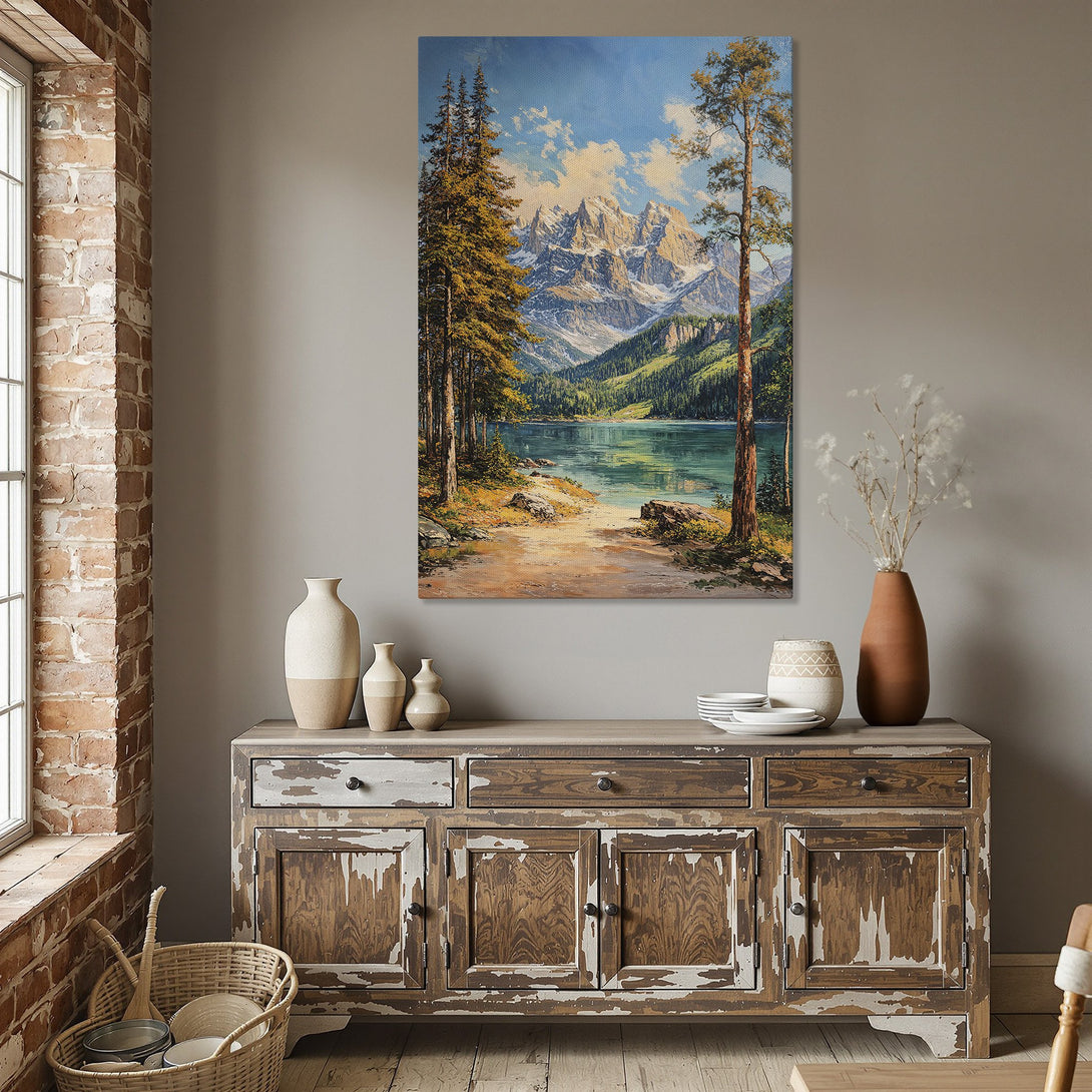 Framed Wall Art of a mountain lake landscape in a dining room. Warm, earthy tones with blues and greens. Perfect for adding a touch of nature.