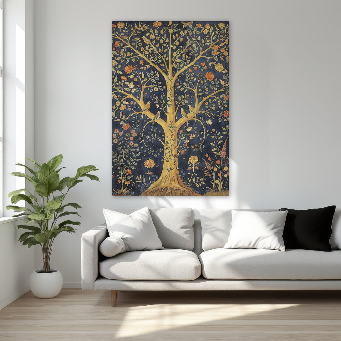 Framed Wall Art featuring a tree of life design in gold and orange hues on a dark blue background. Perfect for adding a touch of elegance to your home decor.