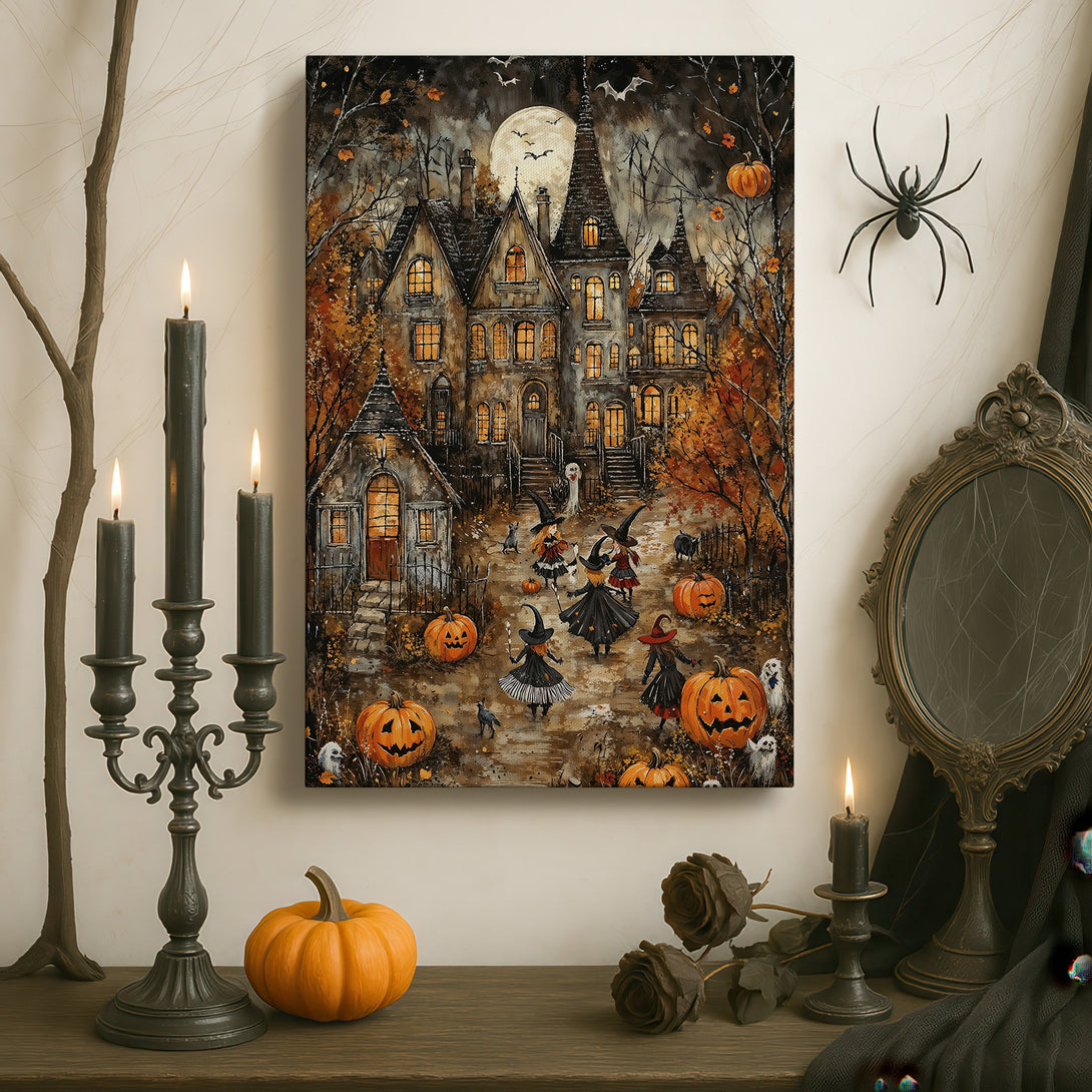 Framed Wall Art: Spooky Halloween scene with a haunted house, pumpkins, and witches. Rich color palette with orange, black, and gold. Perfect for seasonal decor!