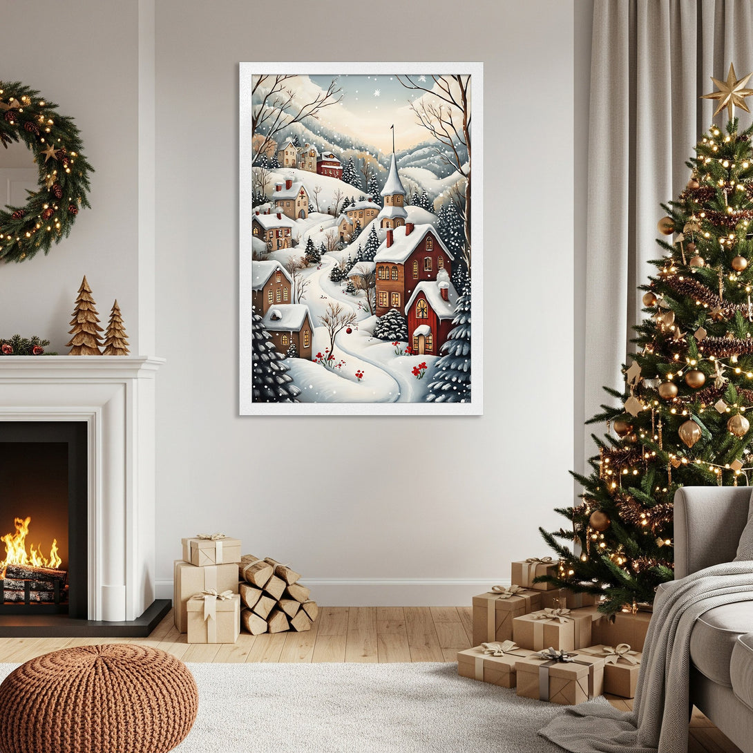 Framed Poster featuring a winter village scene in a watercolor style. Soft blues, reds, and whites create a cozy Christmas aesthetic.
