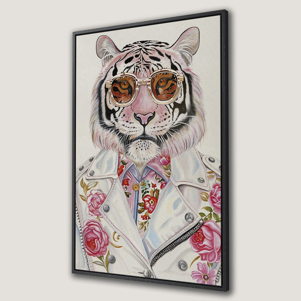 Framed Wall Art: Stylish tiger portrait with sunglasses, wearing a floral jacket. Watercolor style with pink, white, and brown tones. Perfect for modern decor.