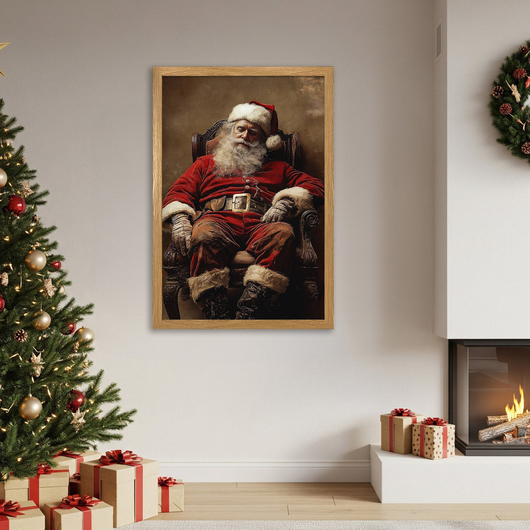 Framed Poster featuring Santa Claus in a classic style, rich red and brown tones. Perfect Christmas decor!