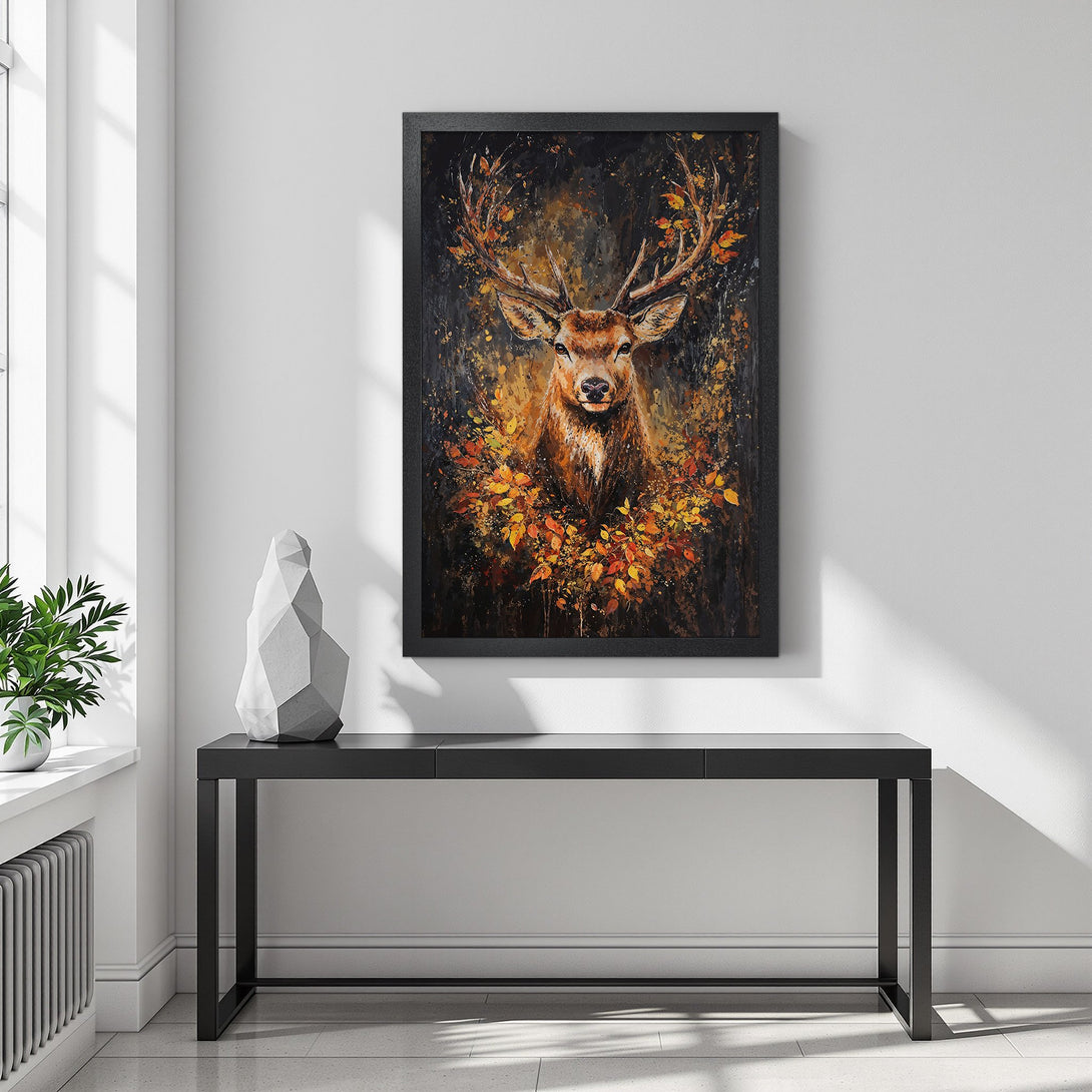 Framed Poster featuring a majestic deer with autumn leaves, painted in a textured, expressive style with warm, earthy tones. Perfect wall art!