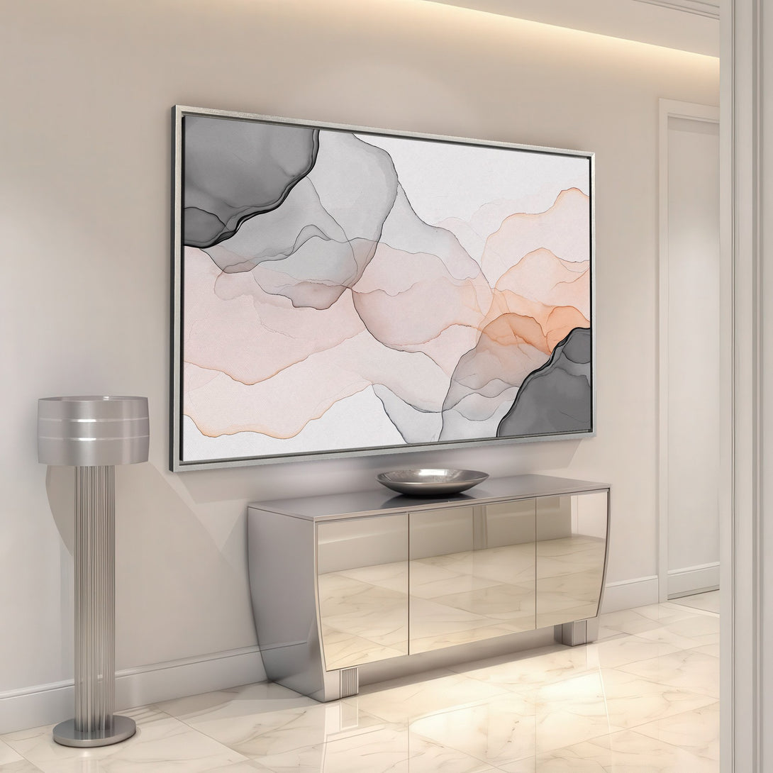Framed Wall Art featuring abstract watercolor design in neutral tones (gray, blush, and white), perfect for modern home decor.