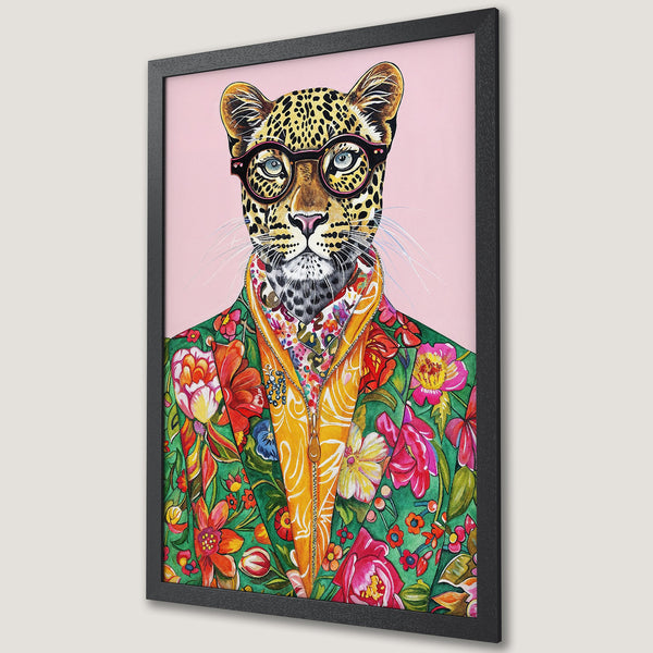 Framed Poster featuring a stylish leopard in a floral jacket. Bold, colorful illustration with pink, green, and yellow hues. Perfect wall art!