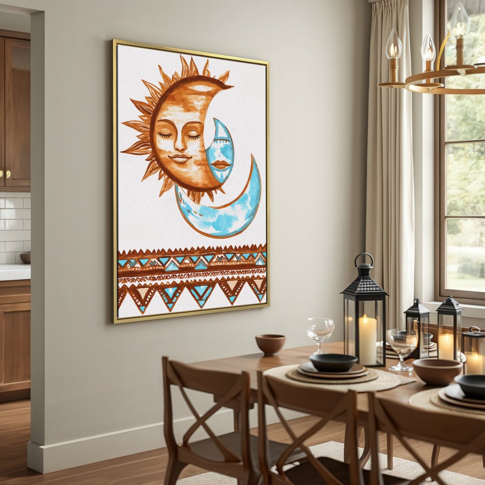 Canvas Print featuring a boho sun and moon design in warm brown and blue tones. Perfect wall art for any space!