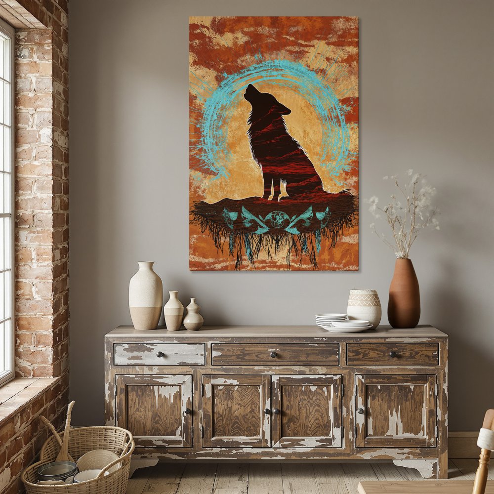 Framed Wall Art: Wolf silhouette canvas print in warm orange and teal tones. Rustic, boho style wall decor for your home.