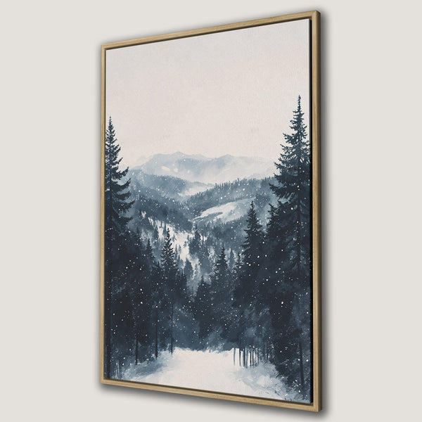 Framed Wall Art Canvas Print of a serene winter forest scene in a watercolor style, featuring a cool blue and white color palette.