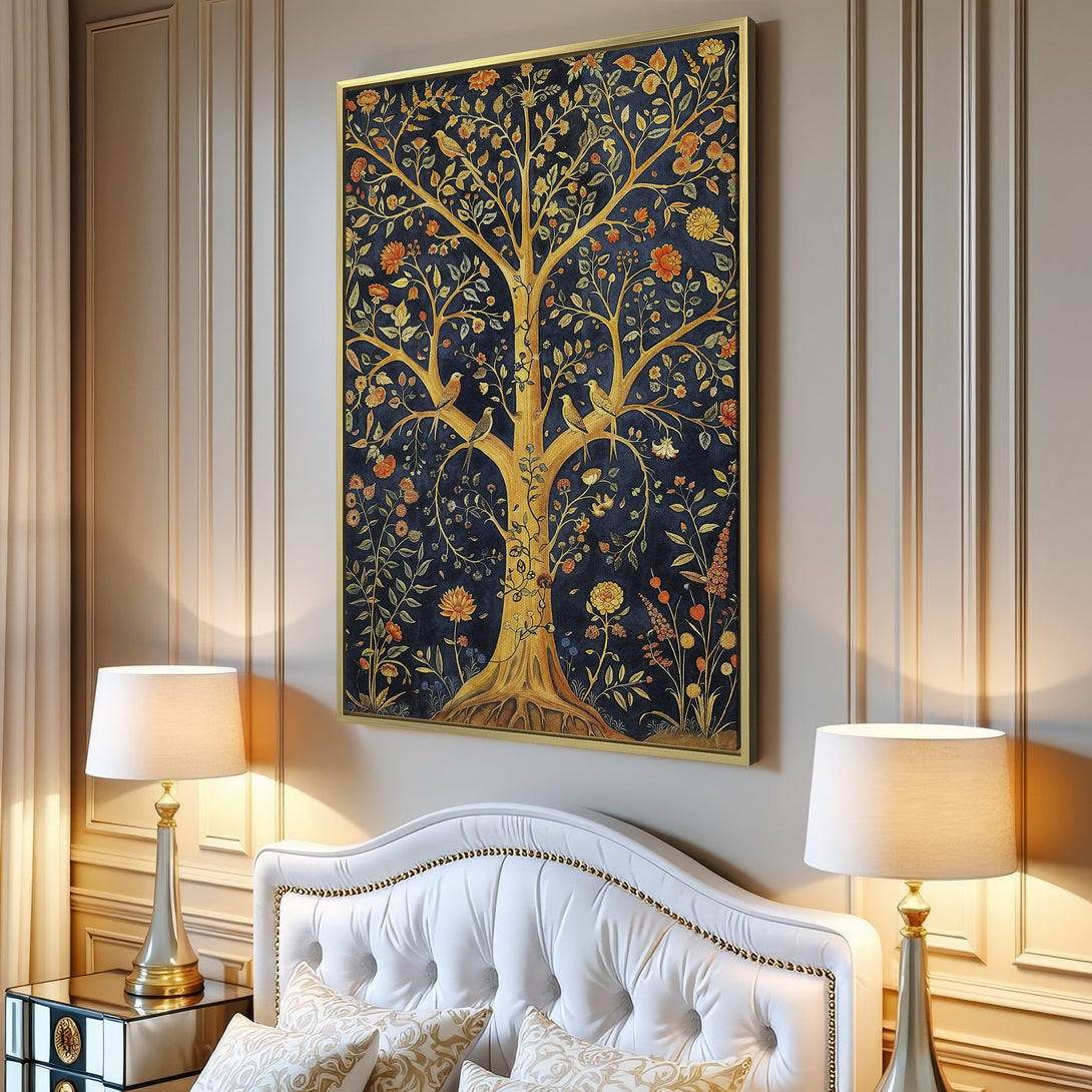 Canvas Print: Elegant tree of life art in gold, orange, and navy blue. Perfect for adding a touch of nature and sophistication to your living room.