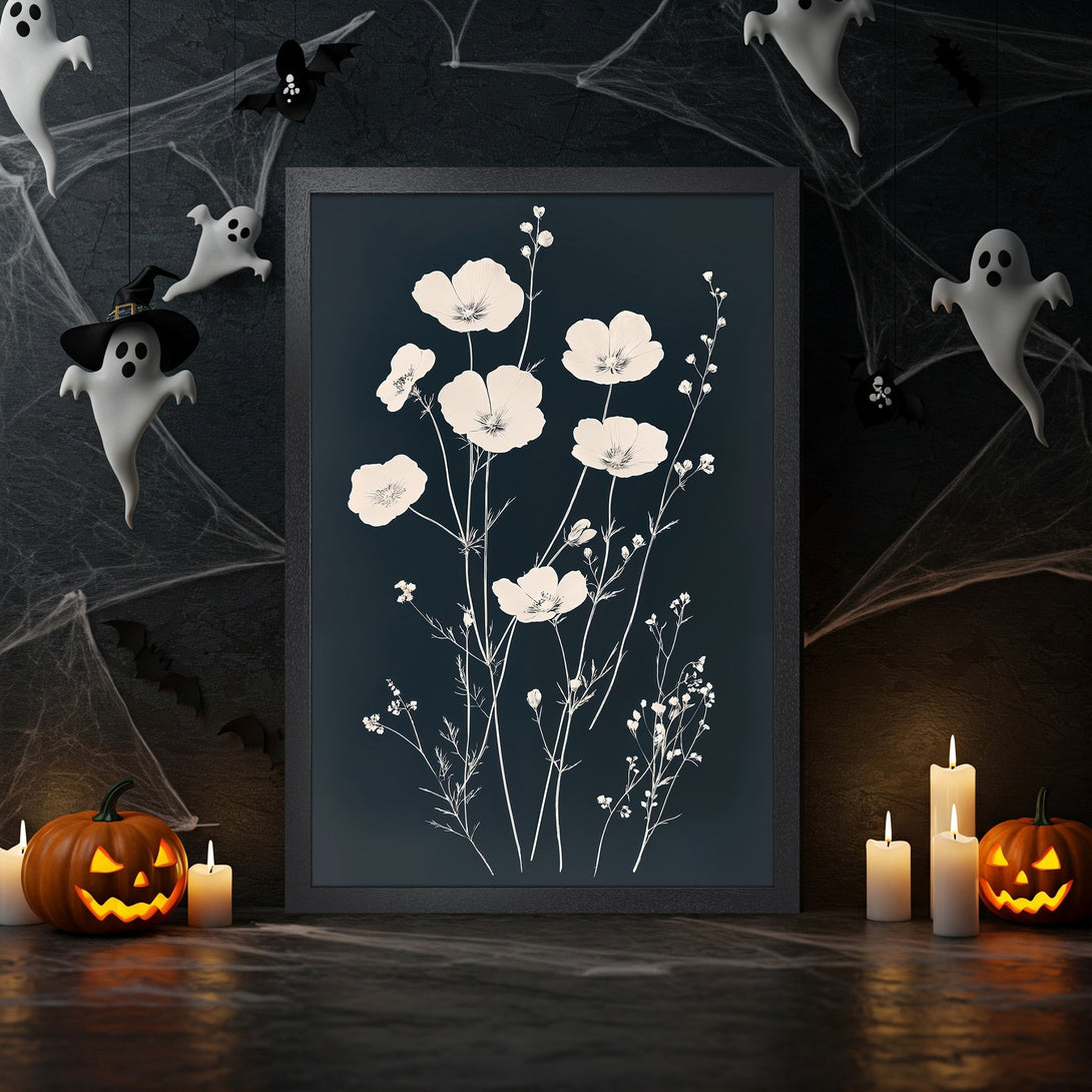 Framed Poster featuring white floral art on a dark teal background. Modern botanical style with a black frame. Perfect Halloween decor!