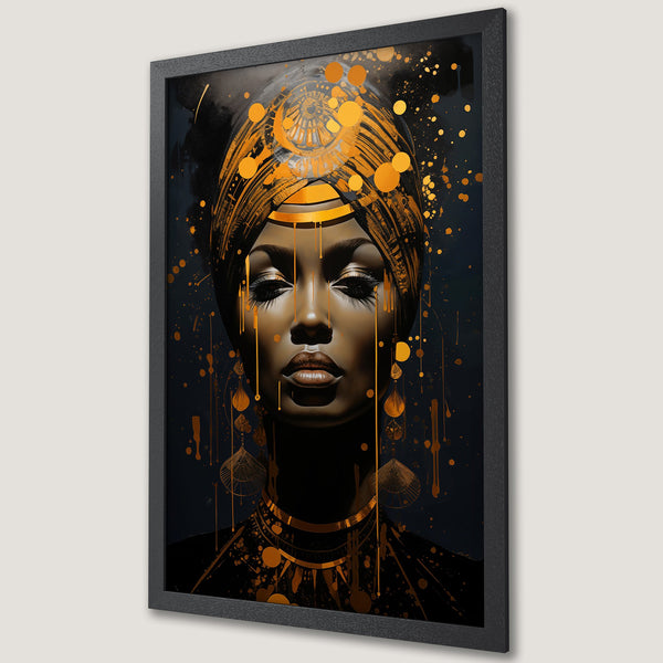 Framed Poster of an African woman in gold and black, modern art style. Stunning decor for your home.