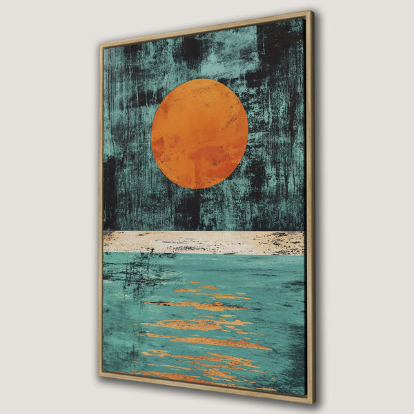 Framed Wall Art featuring an abstract landscape with an orange sun, teal water, and a textured style. Perfect for modern home decor!