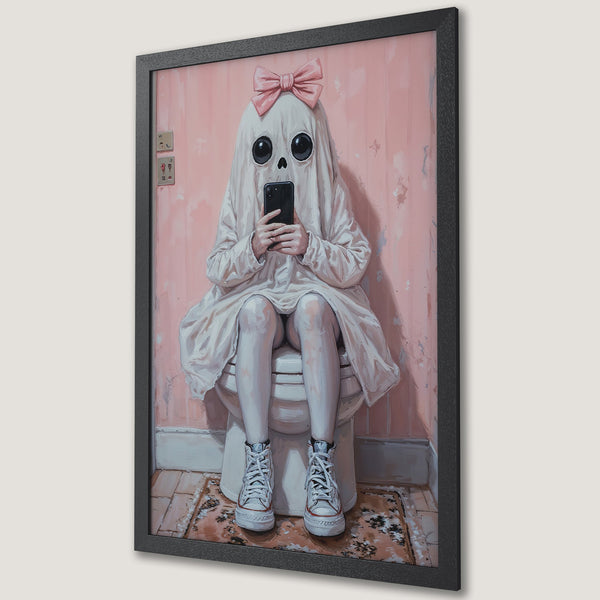 Framed Poster: Ghost on toilet with phone. Whimsical art in pink & white tones. Unique wall decor for a modern home. Get yours today!