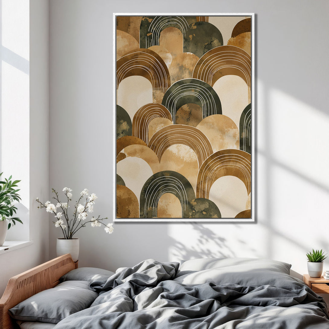 Framed Wall Art featuring an abstract arch design in earthy tones. Modern canvas print adds a touch of nature-inspired art to any bedroom decor.